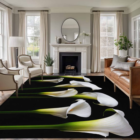 Area Rug for Living Room, White Floral Non-Slip Indoor Large Carpet for Bedroom/Dining Room, Modern Art Summer Botanical Watercolor Washable Low-Profile Rectangle Floor Runner Rugs - 5 x 7 Ft