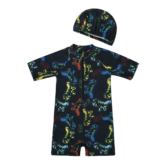 VNKIDY Boys Kids Two Piece Rash Guard Swim Set With Half High Neck Short Sleeve Half Zip Dinosaur Print One Piece Matching Swim Cap For Summer Beach Pool Activities Black 2-3Years