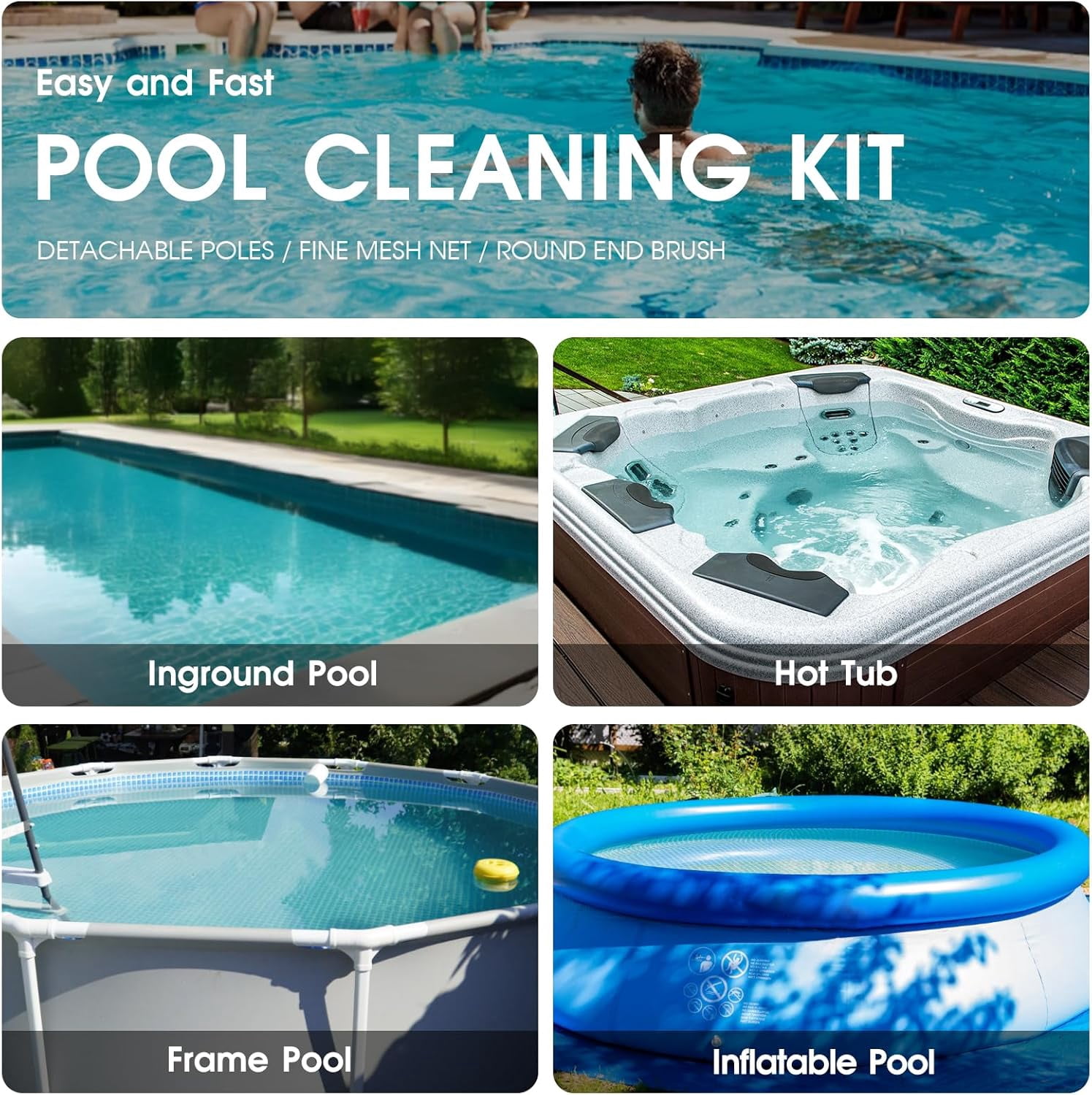 3PCS Pool Cleaning Kit - 12.5'' Pool Brush with Round End & 11'' Pool Skimmer Net Fine Mesh & 5.7 Feet Thick Aluminum Pole 5-Segment, for Above Ground & Inground Pools Ponds
