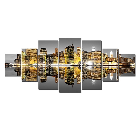 Startonight Huge Canvas Wall Art City In The Mirror Of Water I, USA Large Home Decor, Dual View Surprise Artwork Modern Framed Wall Art Set of 7 Panels Total 39.37 x 94.49 inch