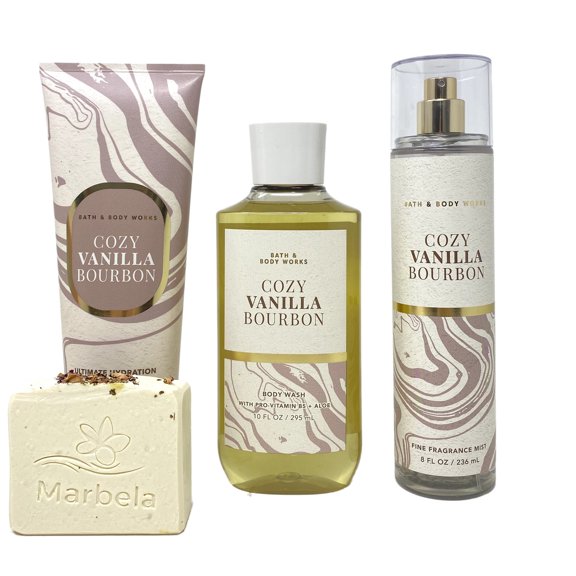 Bath & Body Works Cozy Vanilla Bourbon Gif Set - Fragrance Mist, Body Cream and Shower Gel with Creamy Rose Bar Soap