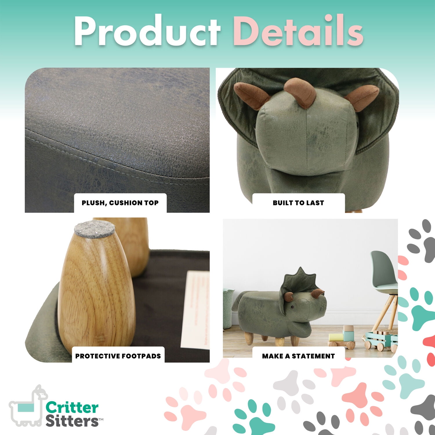 Critter Sitters 14-In. Seat Height Green Triceratops Dinosaur Animal Shape Ottoman - Furniture for Nursery, Bedroom, Playroom, and Living Room Decor