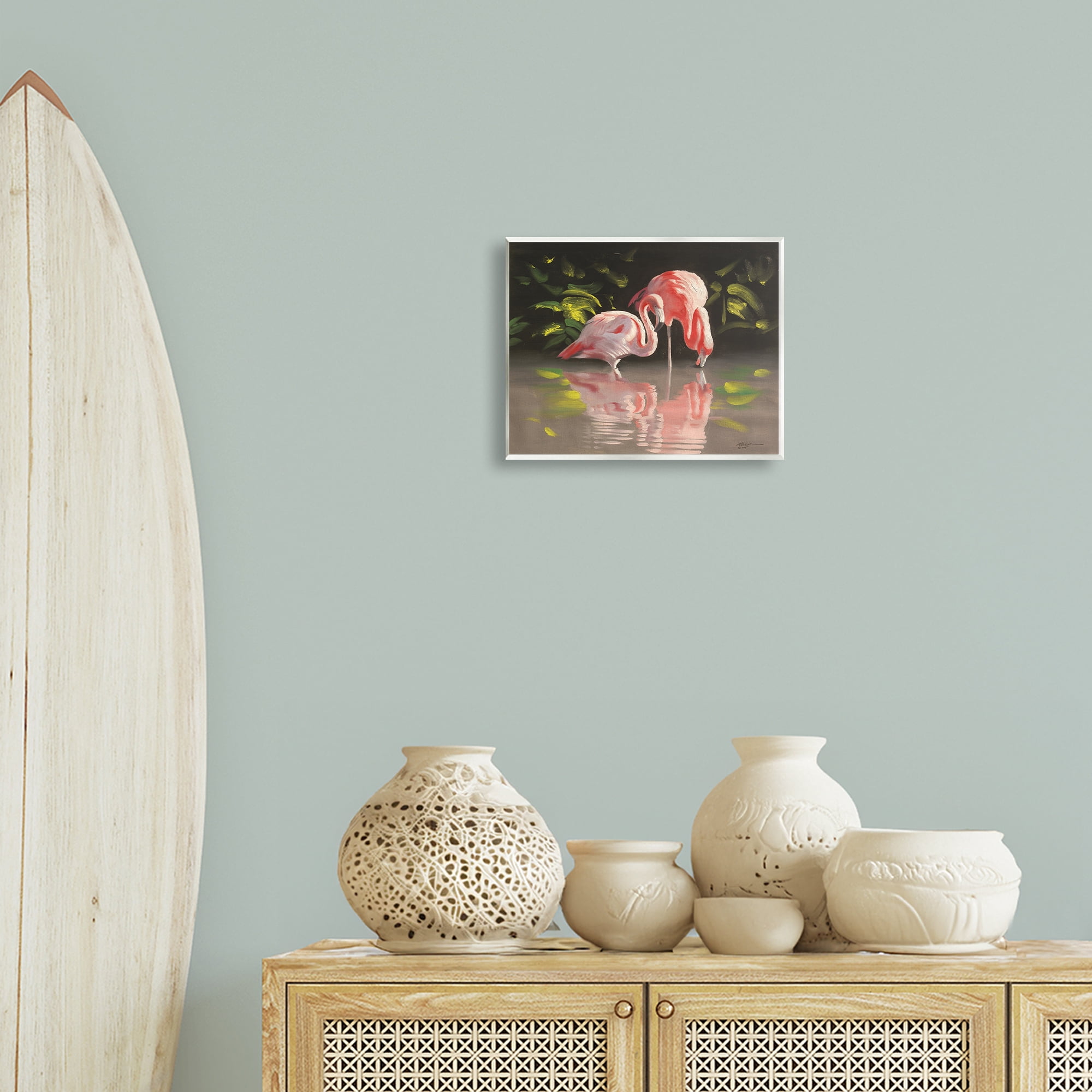 Stupell Industries Flamingos with Pond Reflection Animals & Insects Painting Unframed Art Print Wall Art, 14 x 11