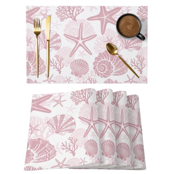 Pink Coastal Summer Placemats Set of 8 Coral Shell Starfish Nautical Place Mats Indoor Wipeable Table Mats Washable Cloth Dining Table Placemats for Kitchen Holiday Party Home Decor 13x19 Inch