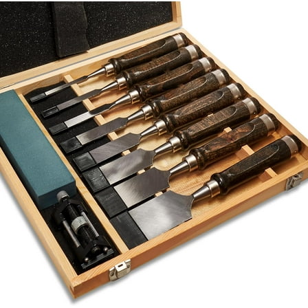 8 Piece Wood Chisel Set for Woodworking Tools Wood Carving Tools with Wooden Case and Sharpening Stones Wood Carving Kit for Beginners and Professionals, Black Walnut