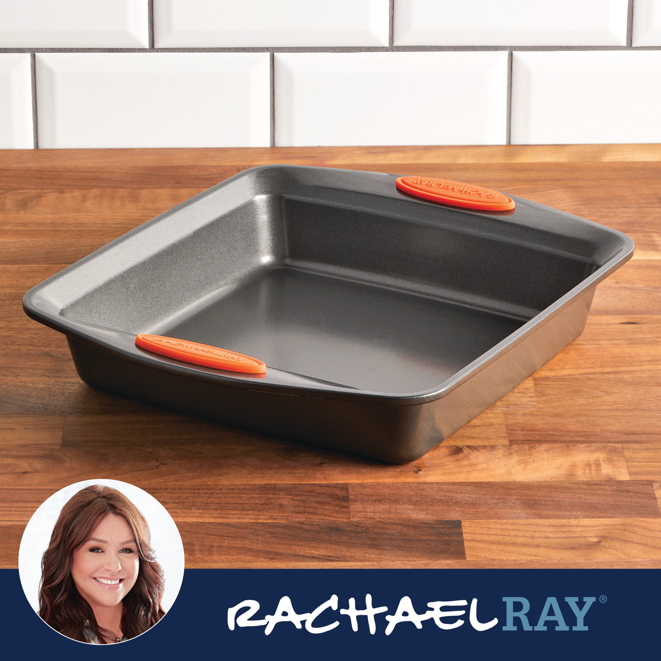 Rachael Ray Yum-o! Nonstick Bakeware 9-Inch Oven Lovin’ Square Baking Pan, Gray with Orange Handles