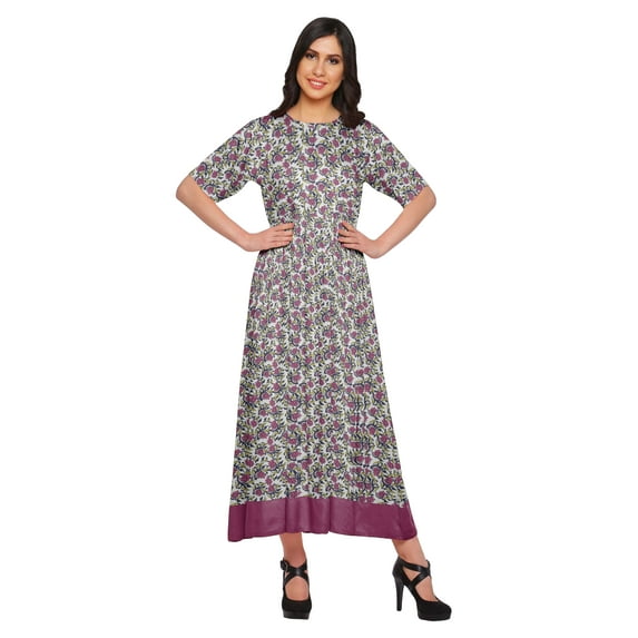 Moomaya Long A-Line tunic Kurti Dress For Women Elbow Sleeve Printed Casual Kurti