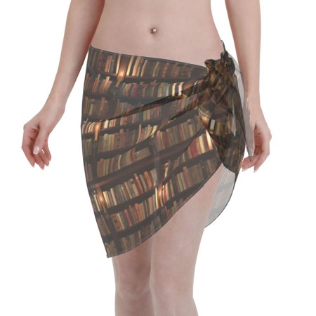 Adobk Women Beach Sarong Bathing Suit Bookshelves Print Wrap Skirt Sheer Bikini Swimsuit Cover Ups For Swimwear