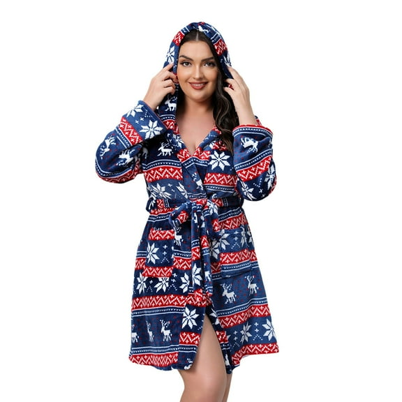 Hpapadks Womens Robes Nightgown Warm Flannel Nightgown Thickened Bathrobe Christmas Deer Fashion Warm Large Size Nightgown Nightgowns for Women Blue XXL