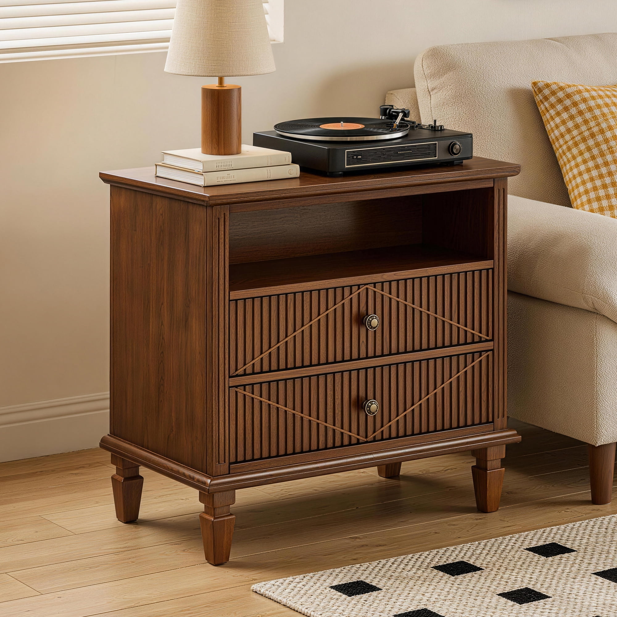 GARITIN Farmhouse Nightstand with Charging Station, 2-Drawer Engineered Wood Storage Cabinet, Bedside Table for Bedroom Guest Room, Walnut