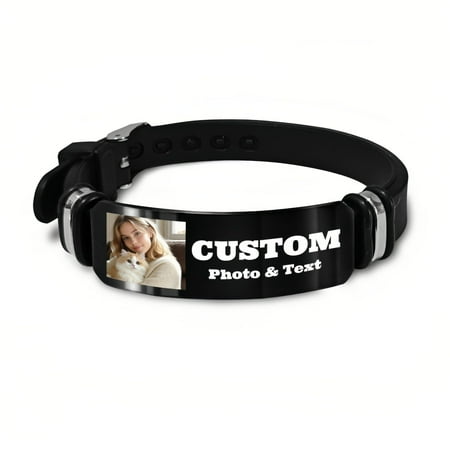 Custom Photo and Text Bracelet, Personalized Silicone & Stainless Steel Wristband Engraved Picture/Text, Memorial Gift for Women, Men, and Loved Ones, Adjustable Size, Black Color