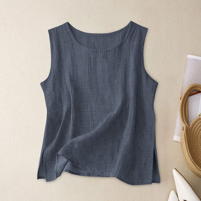 Craaazy Débardeur Femme Couleur Unie Style Lin Col Rond Sans Manches Fendu Côté Blouse Décontractée pour Cadeaux d'Été