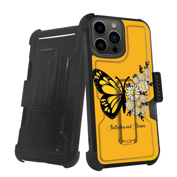 ANJ  Rugged Shockproof Holster Case w/Card Slot, Kickstand   Tempered Glass for iPhone 13 Pro (6.1") - Daisy Butterfly