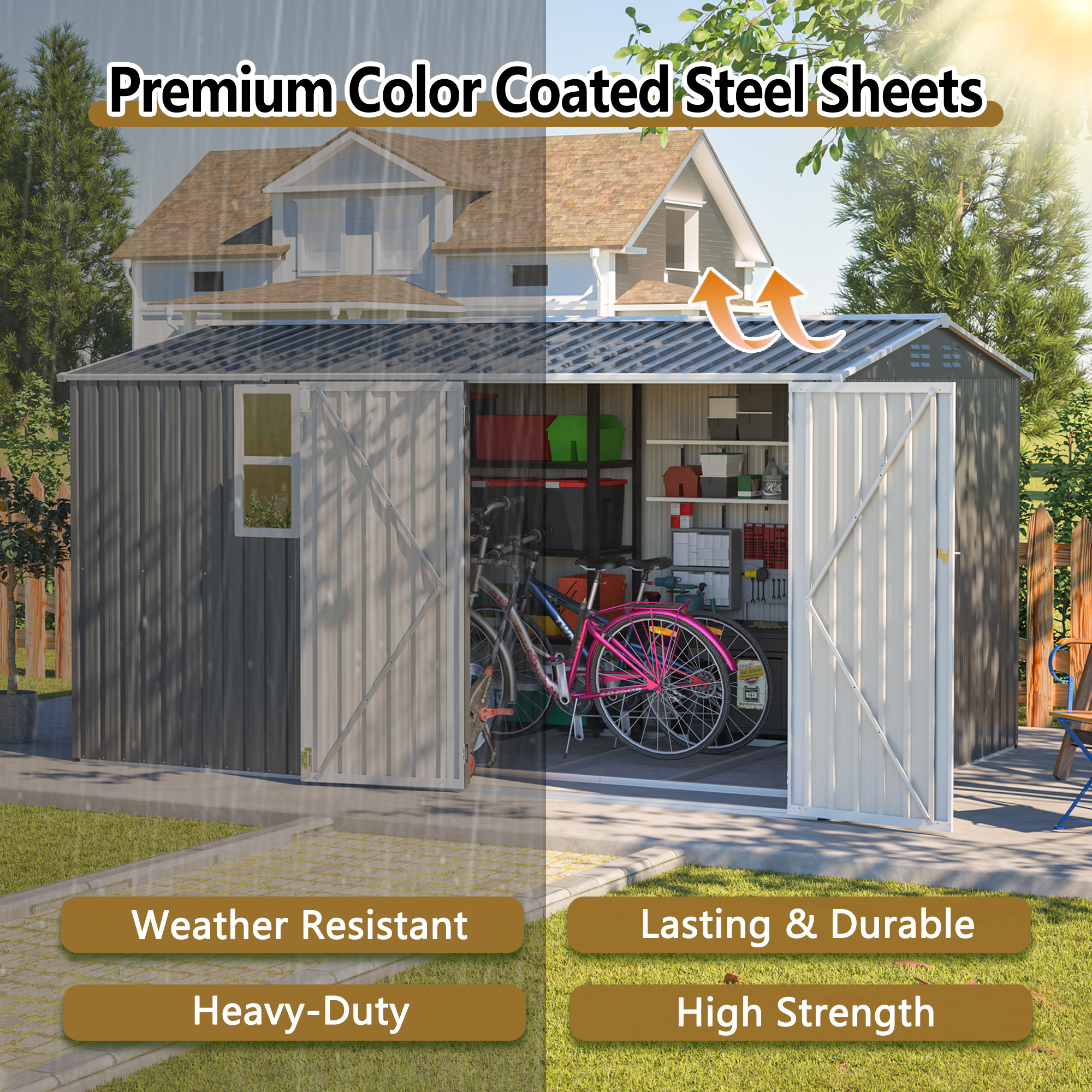 LZBEITEM 12'x8' Outdoor Storage Shed with Floor Frame & Window, Metal Garden Shed Kit, Backyard Shed, Lockable Doors for Backyard Patio Lawn, Gray