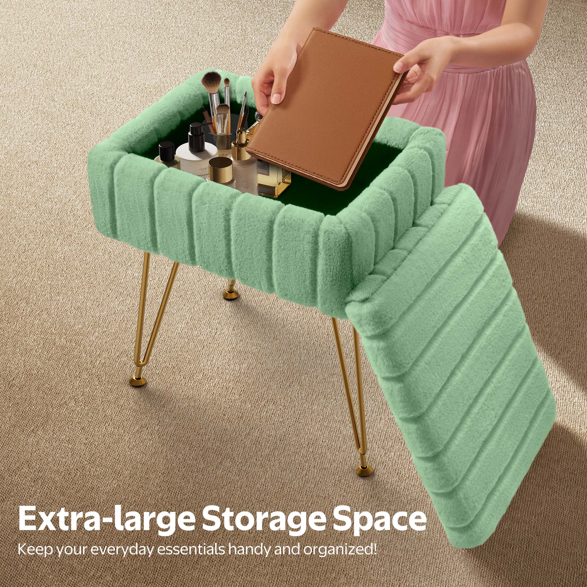 Greenstell Footstools Ottoman Bench with Storage, 15.5”L x 11.6”W x 19.2”H Vanity Faux Fur Padded Stool with Coffee Table Padded Seat and Adjustable Feet for Makeup Bedroom Entryway, Green