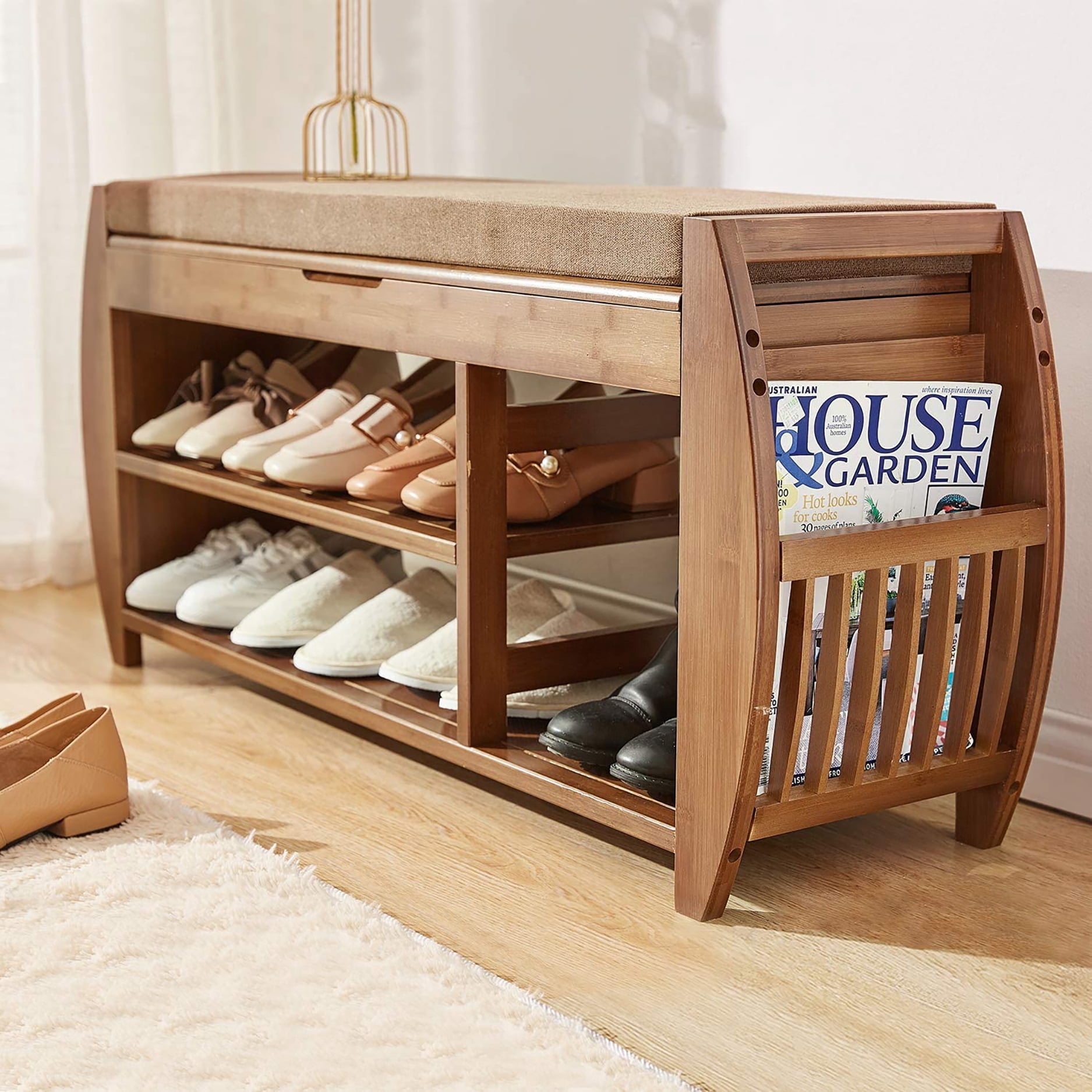 BALANBO Bamboo Shoe Rack & Shoe Bench, Entryway Storage Organizer, Multi Function for Hallway Bathroom Living Room Corridor and Garden, Detachable Cushion with Hidden Storage Compartment