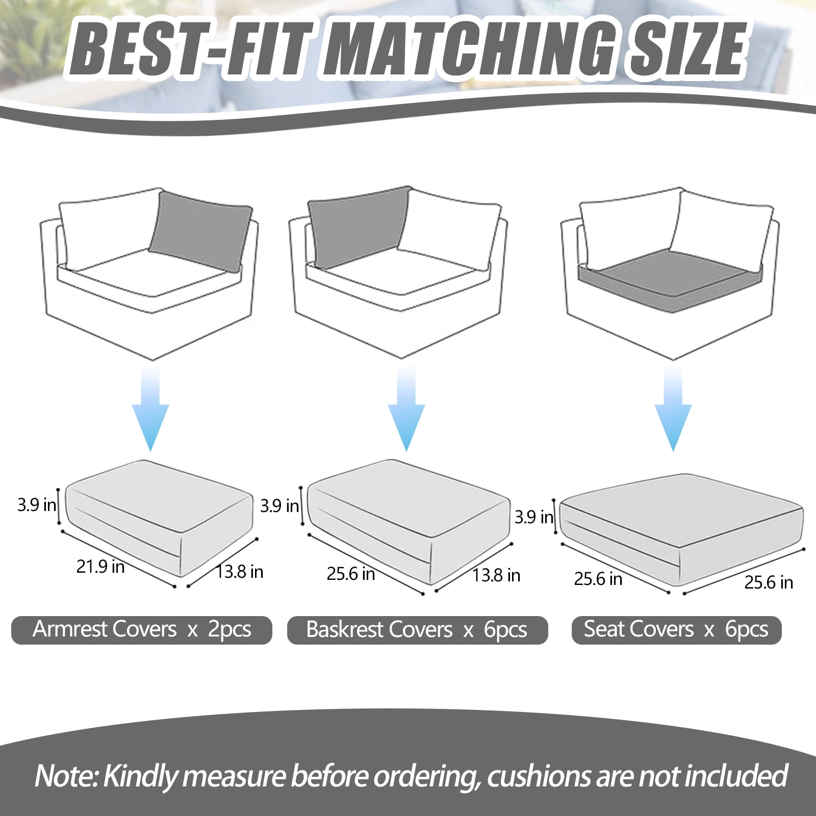 14 Pcs Patio Cushion Covers Replacement Outdoor Couch Cushions Covers Splashproof Sofa Slipcovers Set with Zippers,Patio Furniture Protector, Couch 3 Sizes, Covers Only