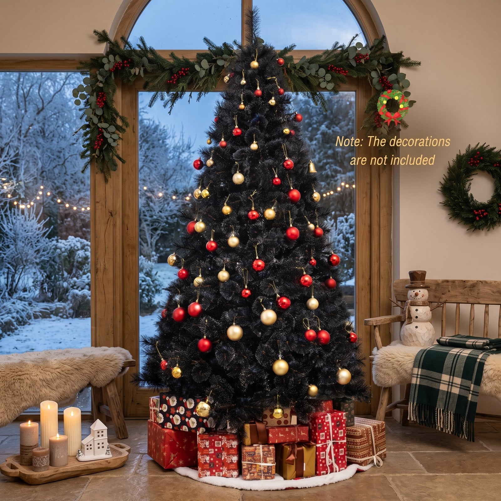 RUIE 6/7/8 FT Pre-Lit Black Artificial Christmas Halloween Tree with 210/320/450 Cool White LED Lights, PVC Hinged Branches, 3-Section Metal Base, Black