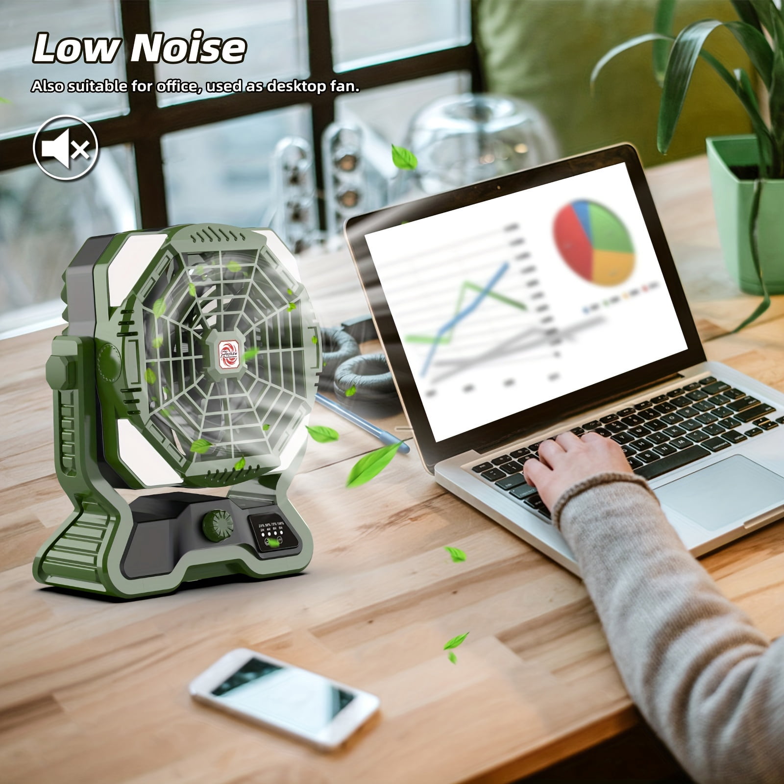 Roykaw Rechargeable Camping Fan w/LED, 20000 mAH Battery Fan, 36 Hrs Work, Cordless Portable Fan