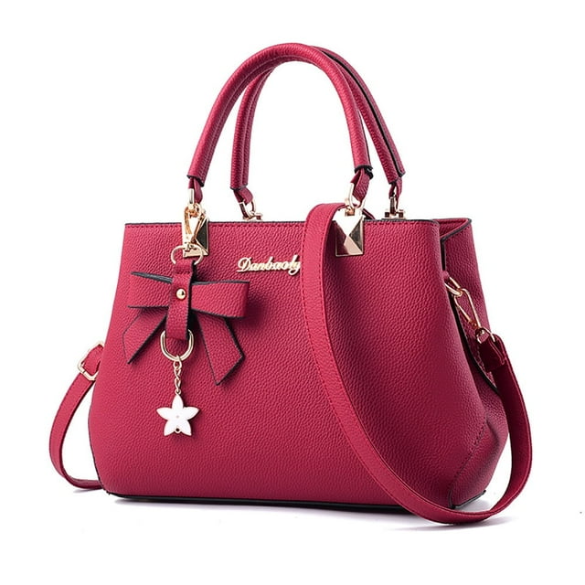 Bolso bandolera de piel sintética con estampado sólido y lazo para mujer, color negro,wine red