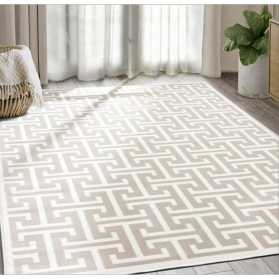 Abani Contemporary 3D Beige & White Modern Greek Key Pattern Area Rug - Geometric Meander 5'3" x 7'6" Arto Collection Neutral Rug Rugs