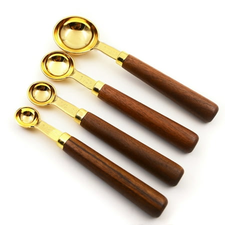 

4/8 Pcs Stainless Steel Wooden Handle Measuring Cup Spoon Professional Kitchen 4/8 Pcs Sugar Salt Flour Stainless Steel Wooden Handle Professional Kitchen Tool 4-piece Golden Measuring Spoon