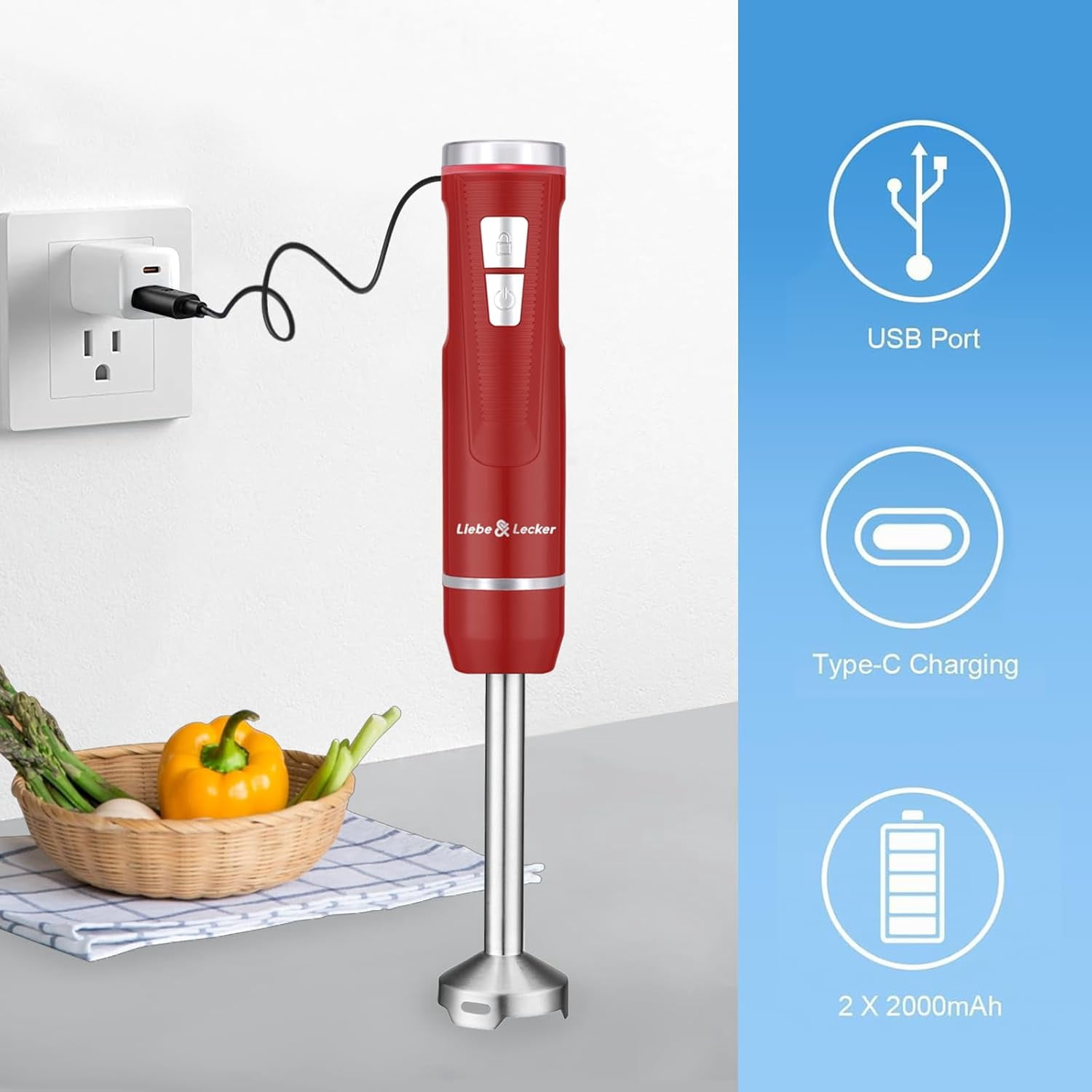 Immersion Blender Handheld Cordless, 3 in 1 Cordless Hand Blender with Whisk Milk Frother for Soup Smoothie Red