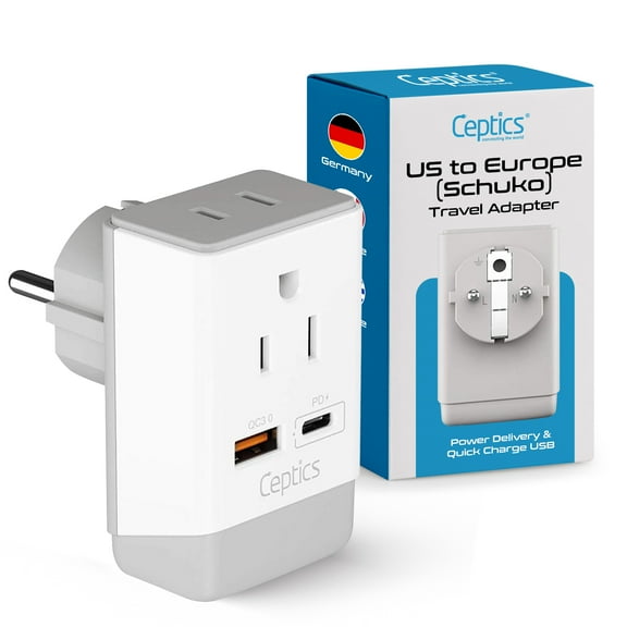 Ceptics Germany France Travel Plug Adapter, QC 3.0 & PD, Safe Dual USB & USB-C - 2 USA Socket Compact & Powerful - Use in Korea Russia France Spain Norway - Type E/F AP-9 - Fast Charging