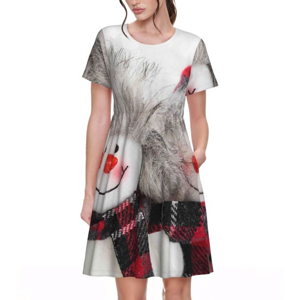Balery Christmas Snowman With Hat Vestidos sueltos de manga corta para mujer, vestidos de verano 2025, vestidos casuales de corte A con vuelo.