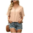 thumbnail image 2 of yunLCZ Ladies Blouse Discounted Shirts For Women Trendy Summer Petal Short Sleeve V Neck Petite Tops Cute Lace Eyelet Blouses Casual Tee Office casual blouse with leggings, 2 of 5