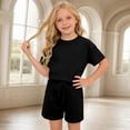 thumbnail image 2 of LIIPEE Girls Outfit Sets Casual Solid Color Loose Fit Short Sleeve Crew Neck Tee Tops Pockets Drawstring Shorts 2 Piece Set Kids Children Comfortable Breathable Cute Clothing,Black,12-13 Years, 2 of 6