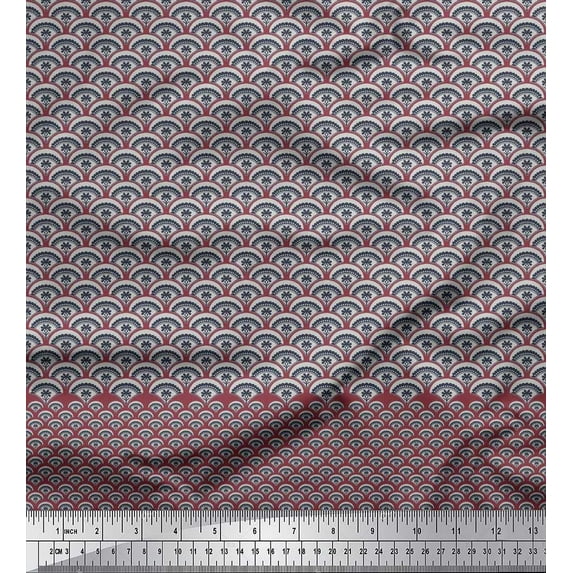 Soimoi Japan Crepe Satin Fabric Artistic Floral & Scale Geometric Print Fabric by The Yard 42 Inch Wide