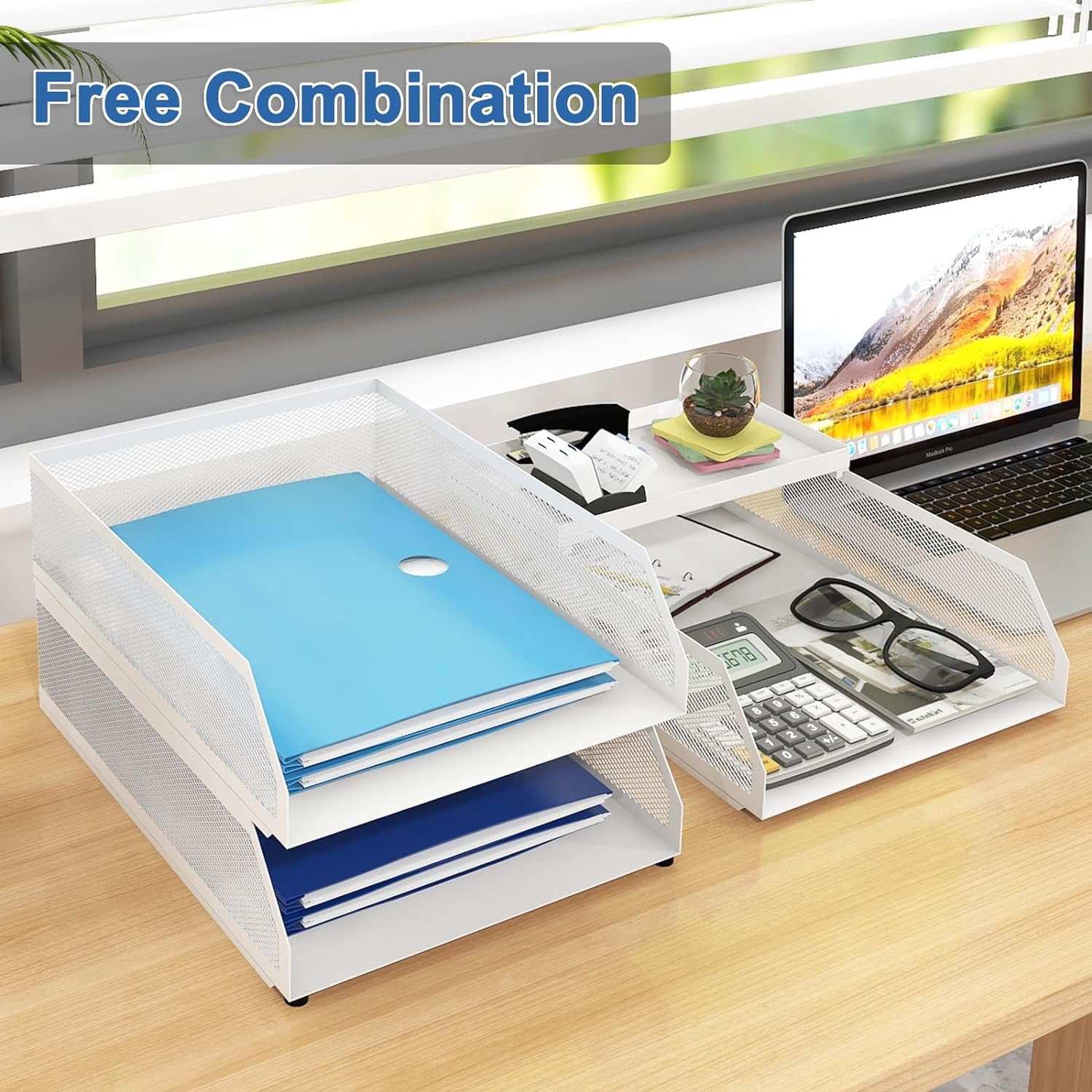 Natwind 3-Tier Stackable Paper Tray, Metal Mesh Desktop Organizer, Paper Sorter, Letter Trays,File Document Storage Rack for for Home, Office(white)