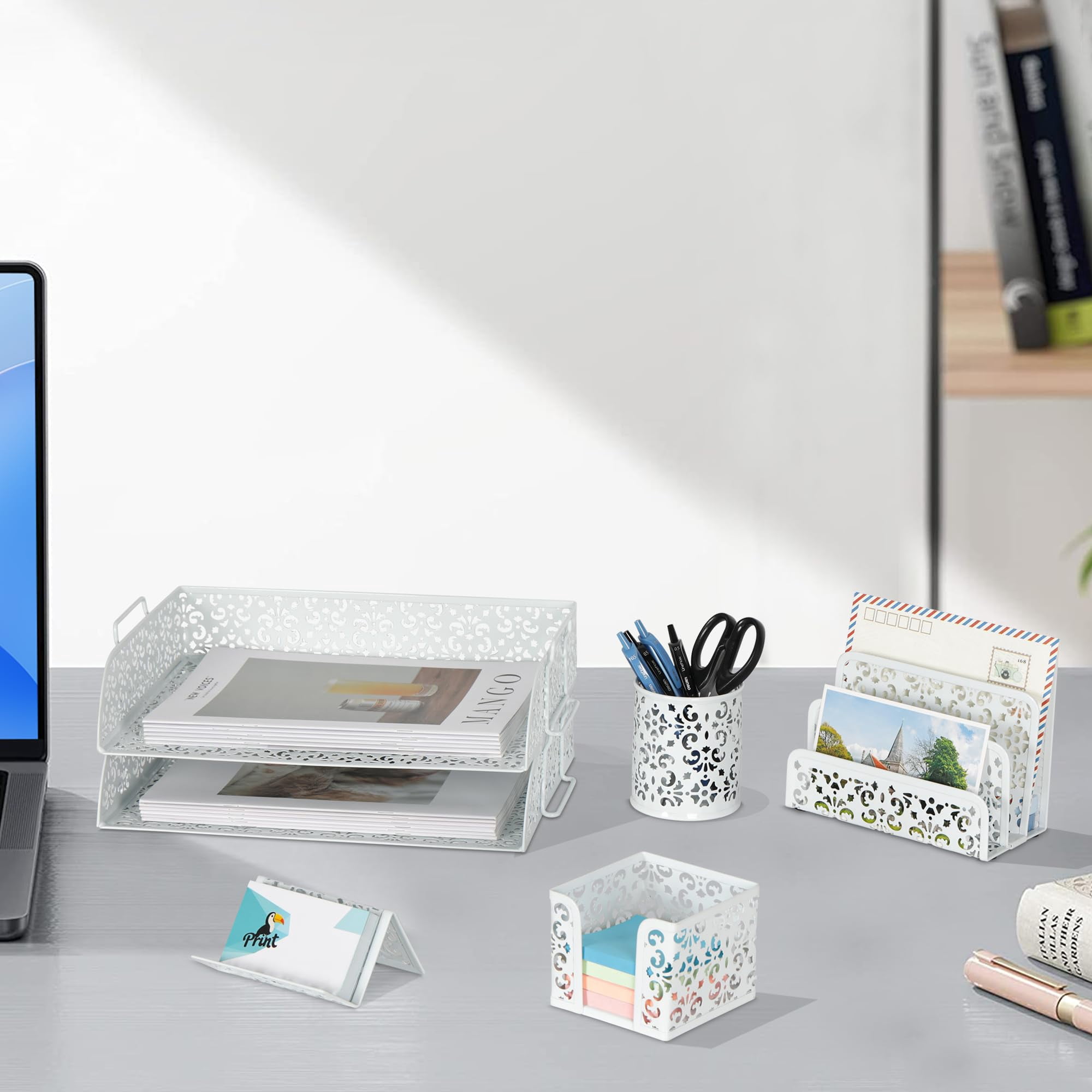 Desk Organizers And Accessories 5 Pieces Office Supplies Set - 2 Tier Paper Tray  Pencil Organizer For Mail Sorter Countertop Business Card Holder Sticky Note White