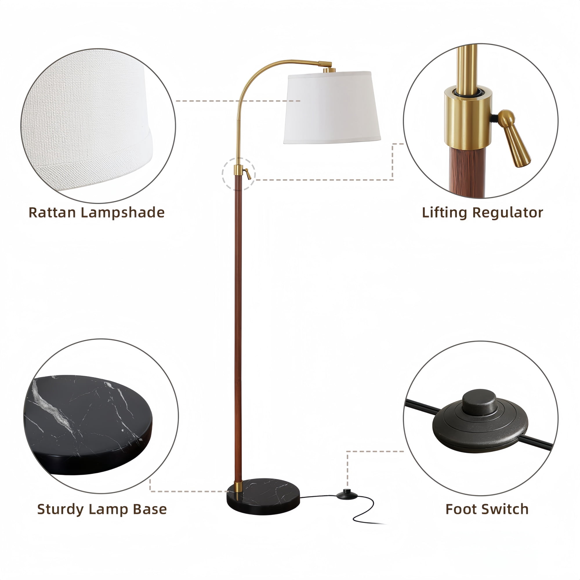 RORIA 54–64”Height Adjustable Curved Floor Lamp, Modern Standing Lamp, Suitable for Bedrooms, Living Rooms, and Offices (Bulb Included)