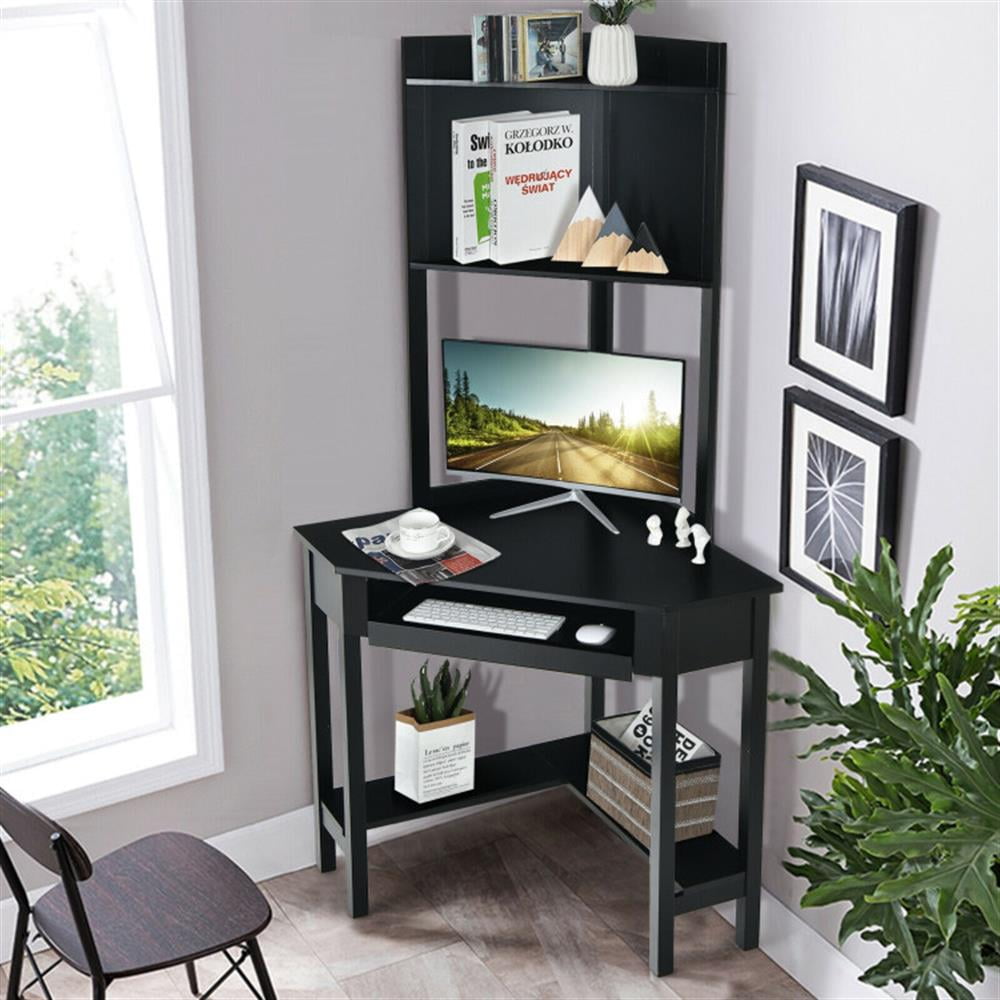 Demi Bonn Corner Computer Desk with Hutch and Storage Shelves, Small Home Office Desk Study Writing Table, Black
