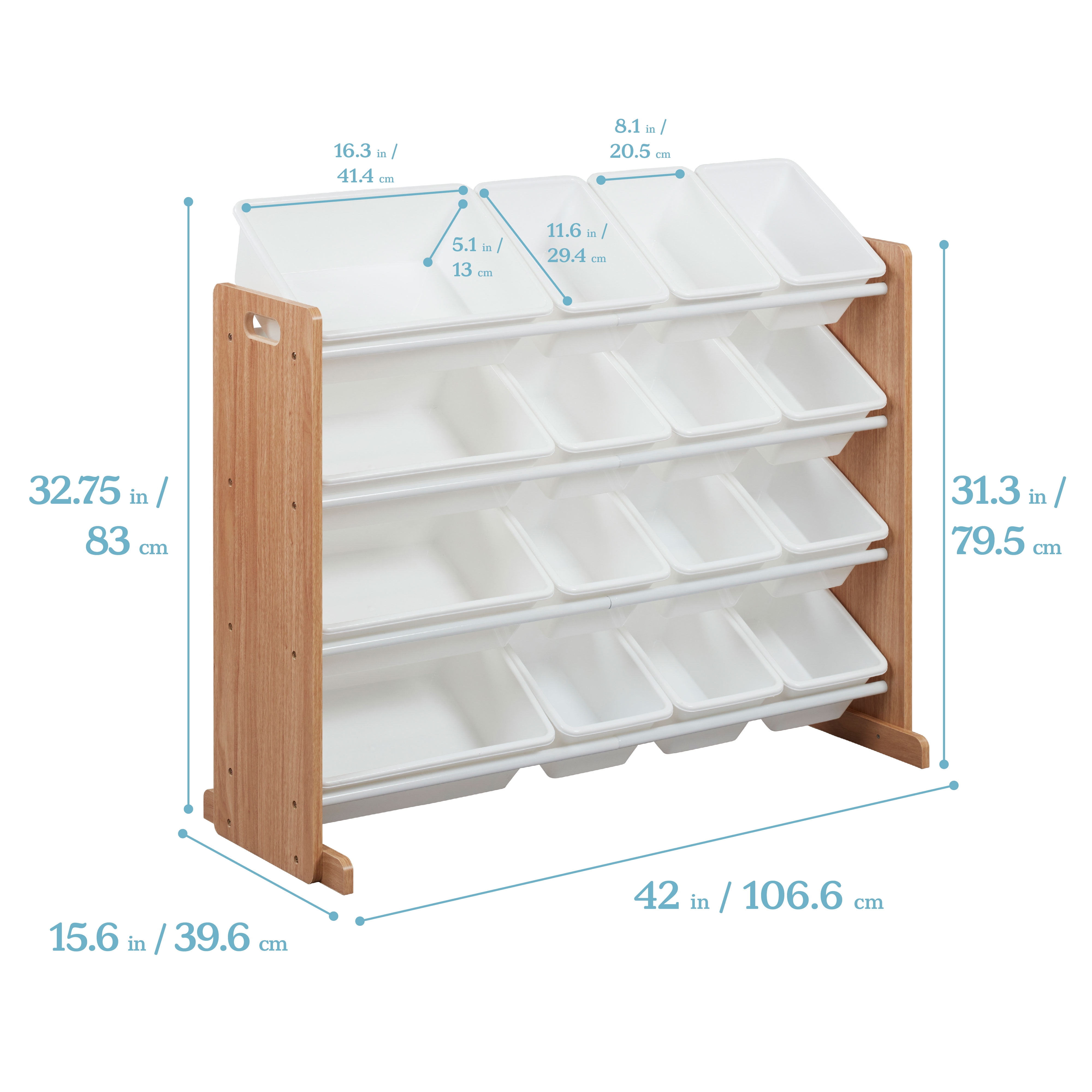 ECR4Kids 4-Tier Organizer with 16 Removable Plastic Bins, 4x4, Toy Storage, Dark Natural/White