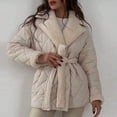 thumbnail image 2 of XPMWRP Women's Long Sleeve Solid Color Casual Warm Coats Lapel Winter Cropped Cotton Quilted Jacket with Belts Beige L, 2 of 3