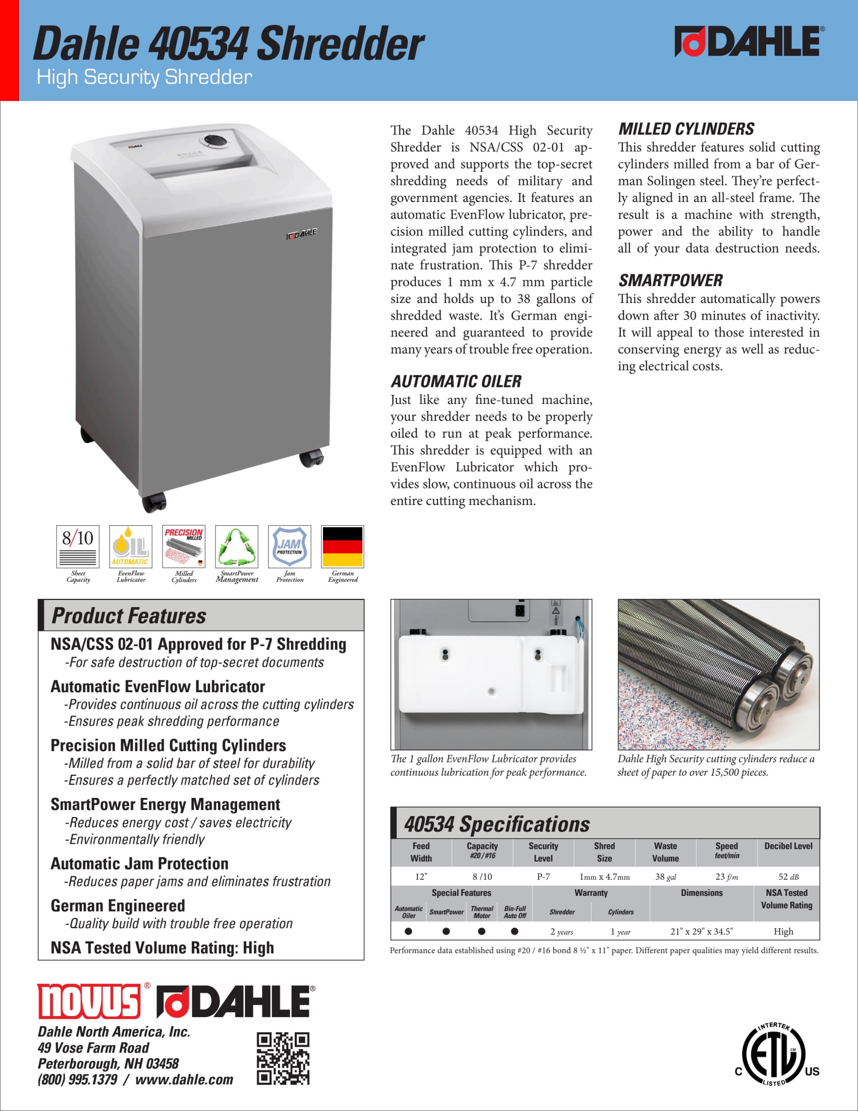 Dahle 40534 High Security Paper Shredder w/Auto Oiler, NSA/CSS 02-01, 8 Sheet Max, Level P-7