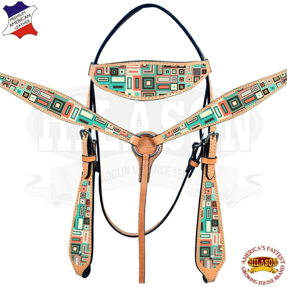 Hilason Western Horse Headstall Breast Collar Set American Leather Aztec