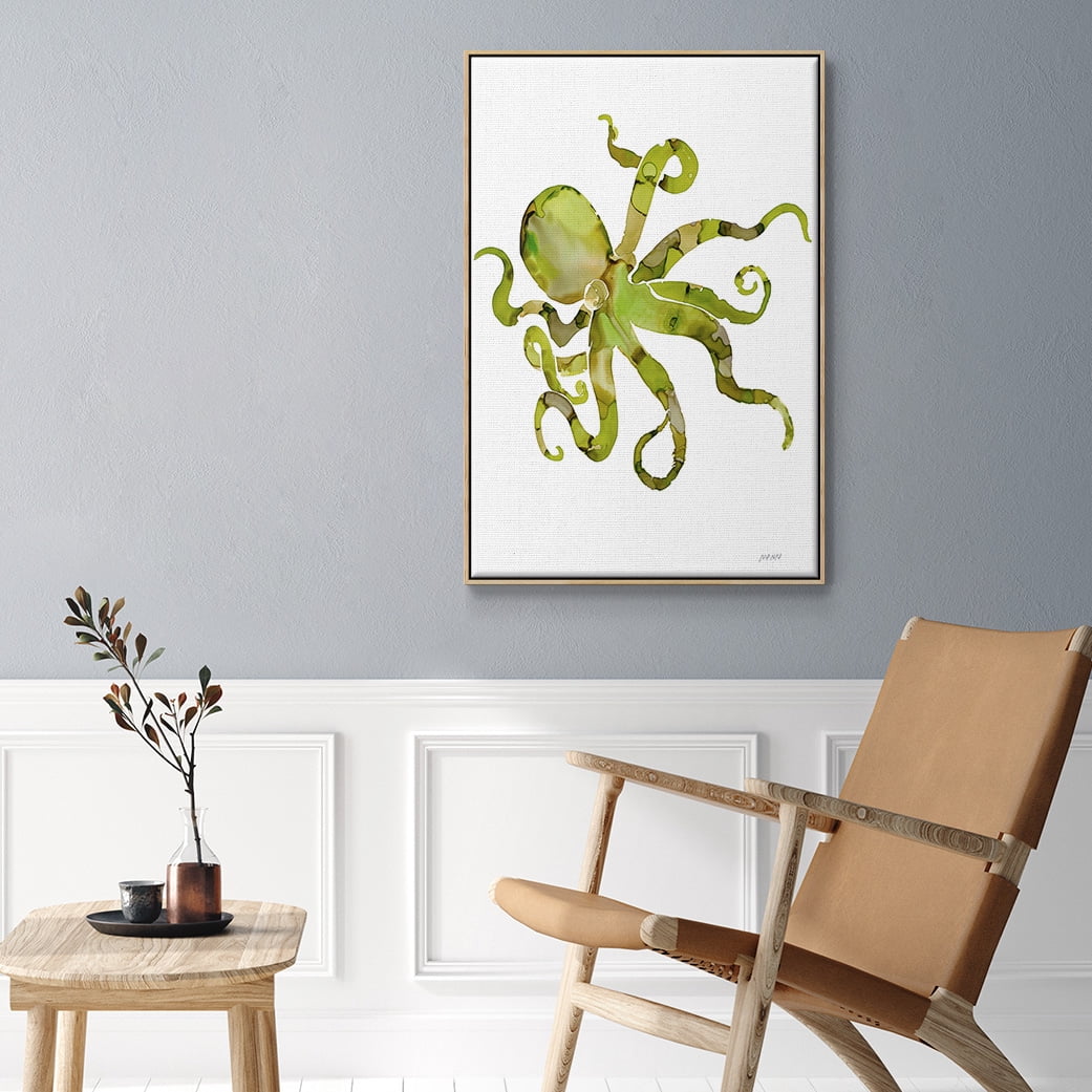 Octopus Framed Premium Gallery Wrapped Canvas - Ready to Hang - 27 x 41 - Natural Wood Floating Frame