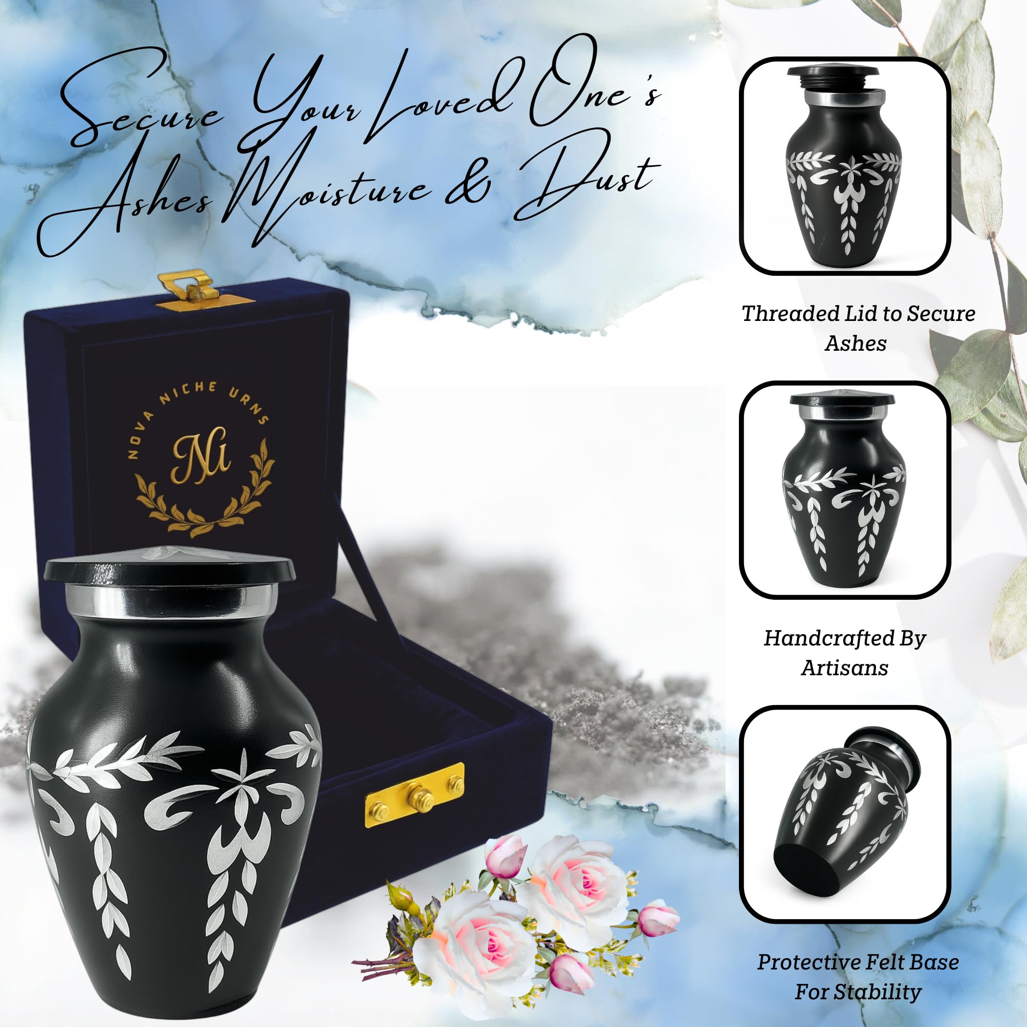 Nova NIche Gray Smoky Quartz Bloom Keepsake Cremation Urn with Handmade Floral Design, Keepsake for Human Ashes with Velvet Box - (3 in.)