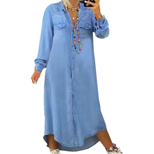 Xishao Vestido de mezclilla ligero, delgado, gran color sólido, vestido largo de mezclilla de un solo botonadura Xishao ropa