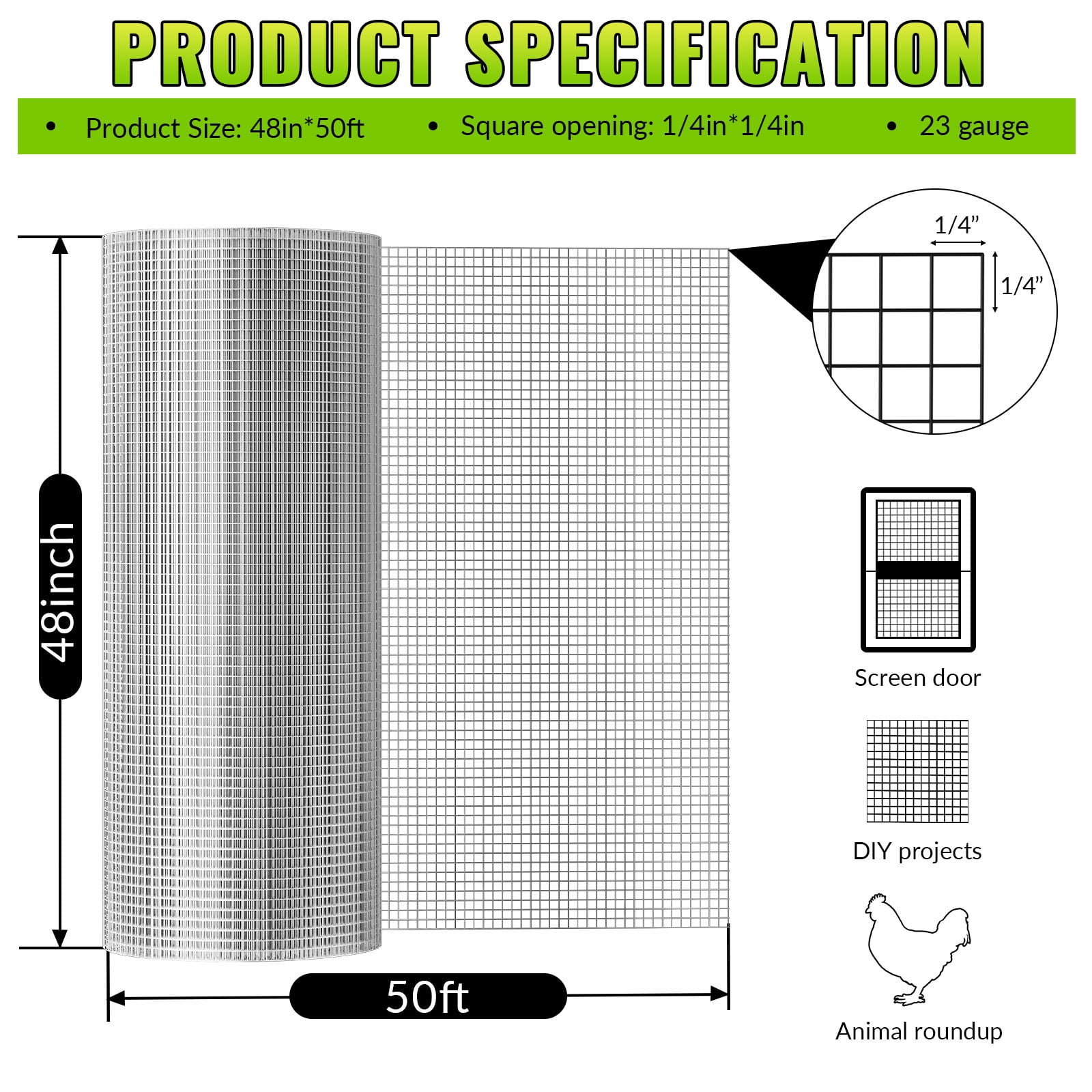 48in x 50ft Hardware Cloth 23 Gauge Galvanized Chicken Wire Mesh, Heavy Duty Welded Fence for Chicken Coop, Poultry, Animal Control and Garden Protection