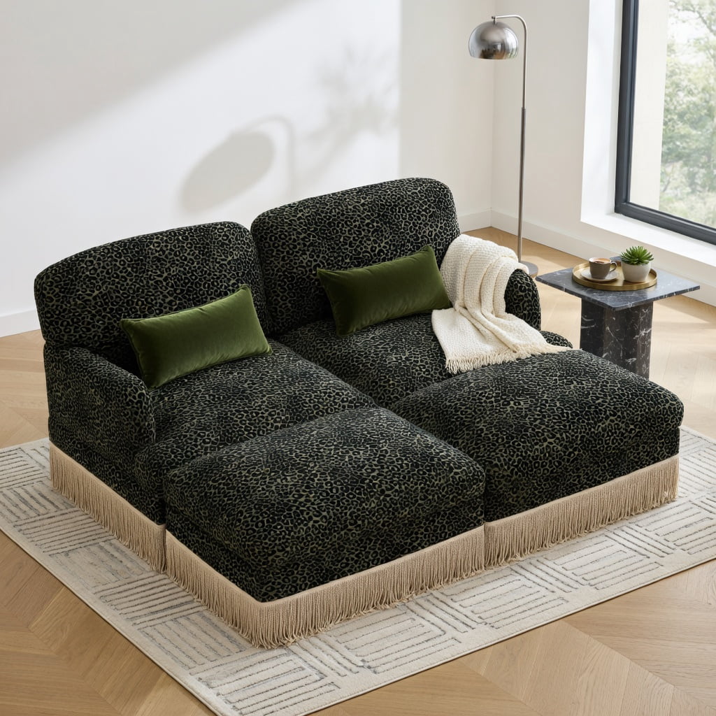 Hommoo Modern Leopard Print Chenille Loveseat Sofa with Movable Ottomans, 2-Seat Deep Seat Couch, Tassel Trim, Ergonomic Support & Easy Assembly for Living Room, Green Black