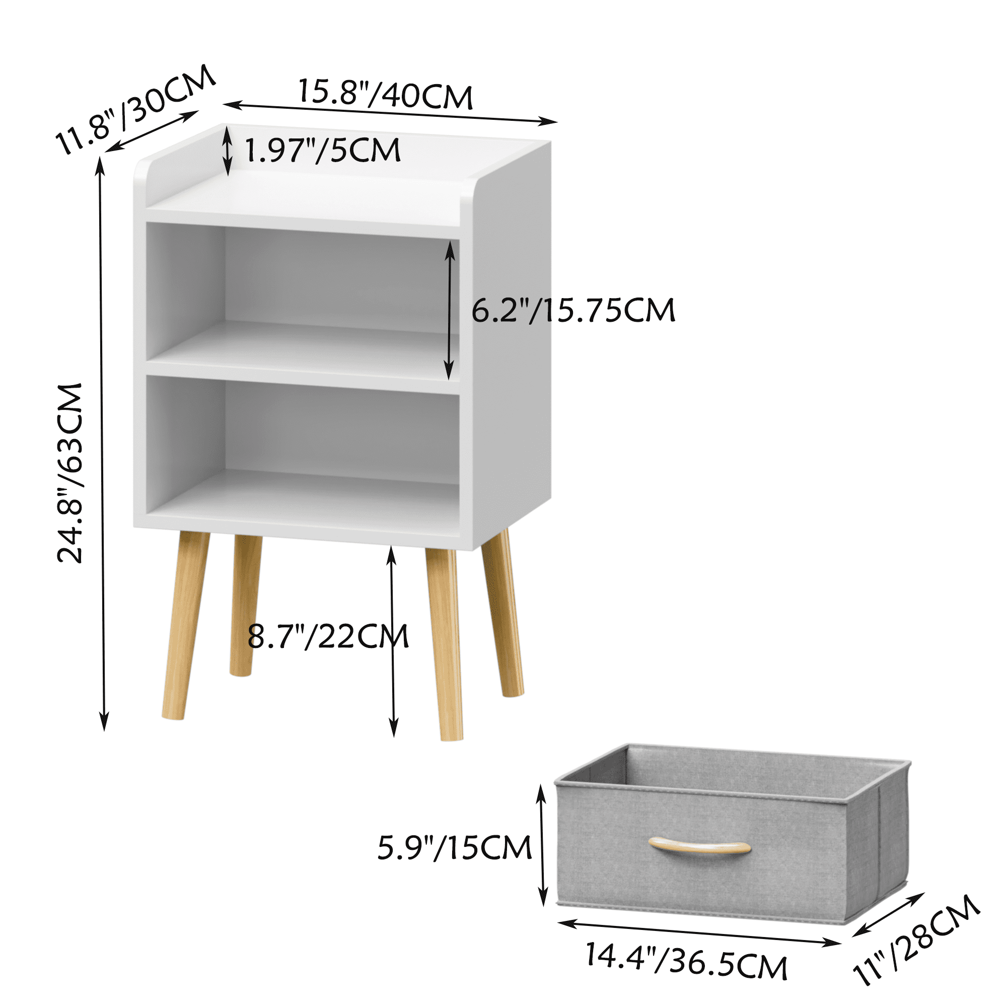 Nightstand With Collapsible Fabric Drawer, 2-Tier Storage End Table, Wood Side Table with Storage Cabinet