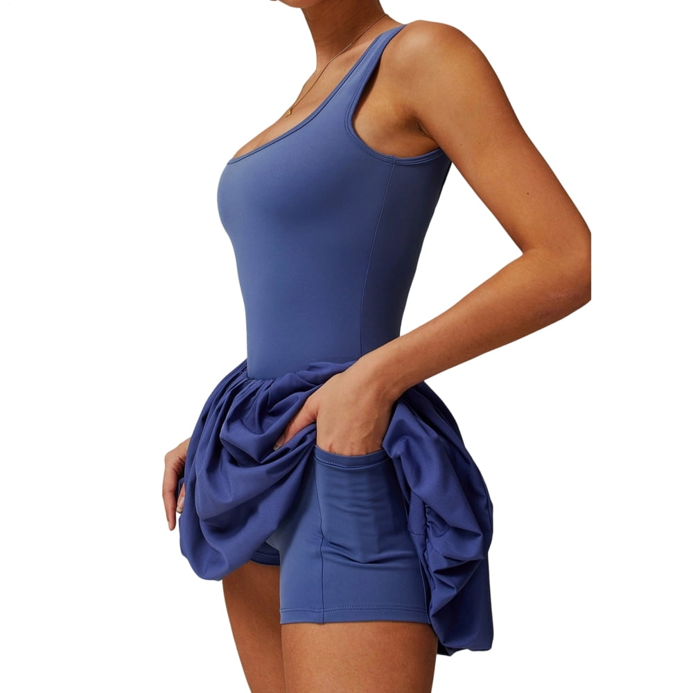 adaychics Tennis Dresses for Women with Shorts Square Neck Sleeveless Backless Casual Workout Bubble Mini Dress with Shorts for Running