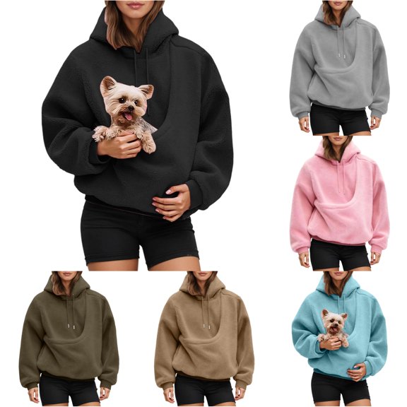 Women Cozy Pet Pouch Hoodie - Kangaroo Carrier Sweatshirt for Cats and Small Dogs Oversized Pullover
