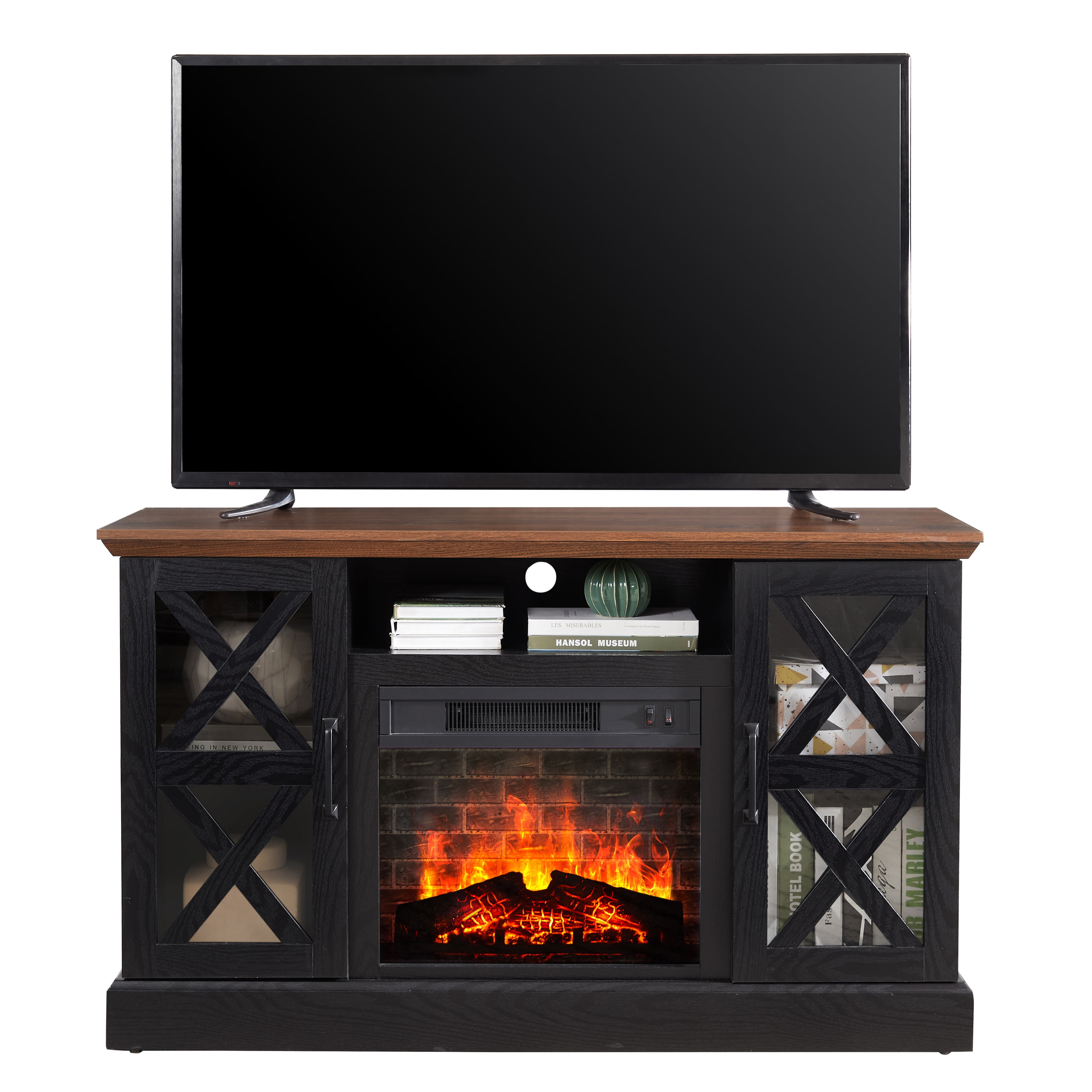 Mainstays Farmhouse Fireplace TV Stand for TVs up to 55", Black/Walnut Finish