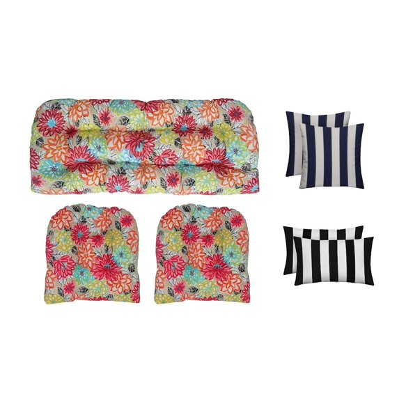 RSH Décor Indoor Outdoor 7 Piece Tufted Wicker Cushion Set + Pillows, Standard, Artistic Floral + Black & White Stripe